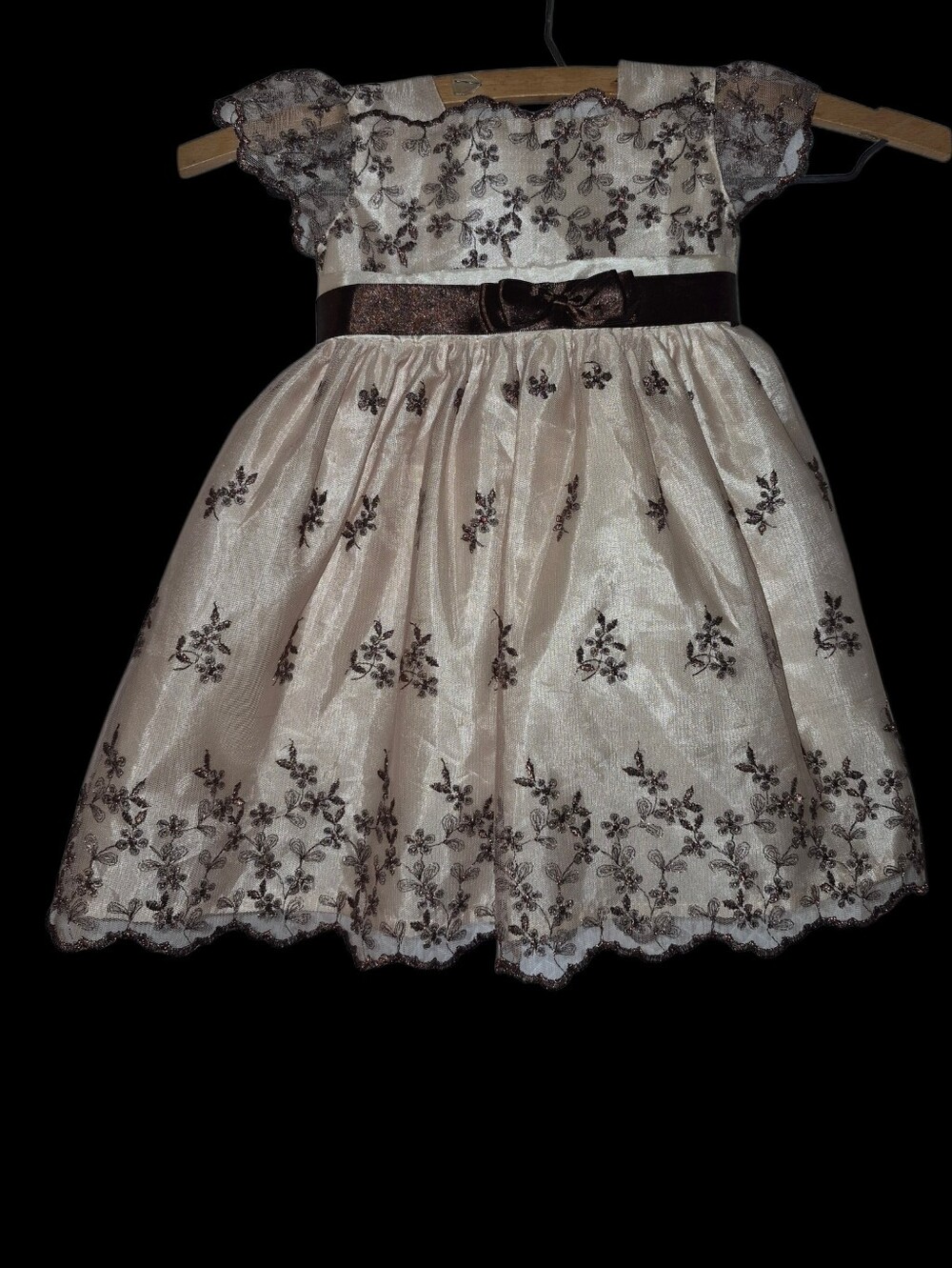 Girls' Cream Dress with Brown Floral Lace and Satin Bow Hat & Bloomers Size 12M